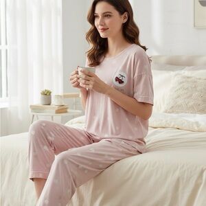 Mishangyishi Cherry Print Pajama Set - Pink & White - Women’s Size XL